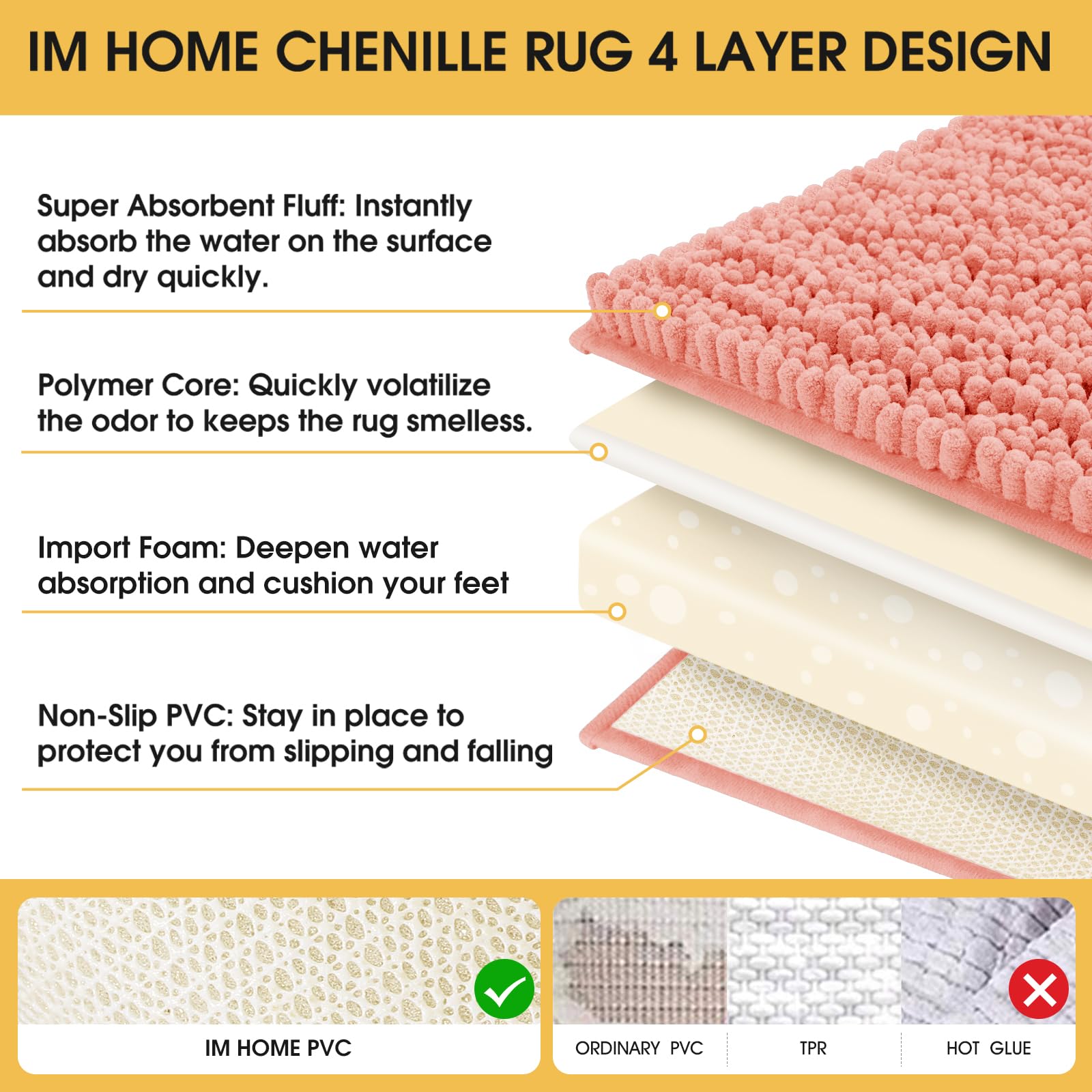 Accumtek Upgrade Extra Large Coral Bathroom Rug Set 3 Pieces Ultra Soft, Thick Absorbent Bath Mats, Non Slip Chenille Toilet Mat